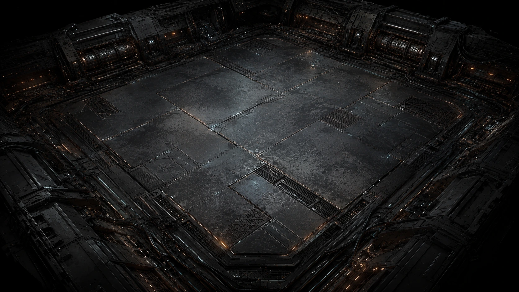 Signal Foundry environment artwork: a heavy industrial floor bordered by recessed amber reactors.
